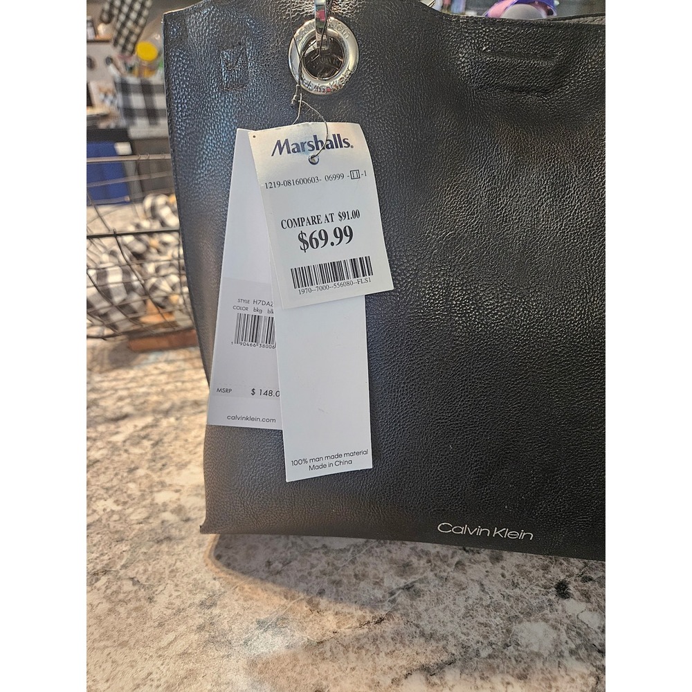 Calvin Klein Black Leather Tote Shoulder Bag With Pouch New With Tags